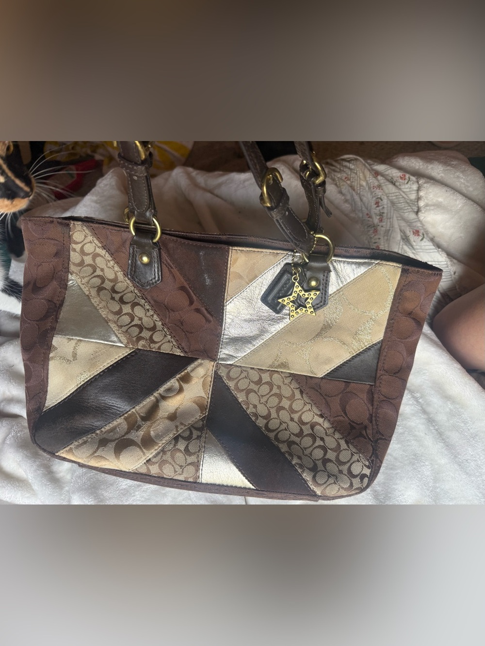 Coach Patchwork Signature Tote in Brown, Tan and Gold Accents